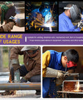 Collage showing various uses of 7 Piece 10 Inch Welding Tool Set With Scratch Wire Brush Slag Remover Hammer And Pliers Metal Sheet Thickness Gauge Round Dual Sided Wire Gauge Steel Coil Spring Handle Pro Grade Heavy Duty DIY Friendly Metalwork in welding and metalwork.