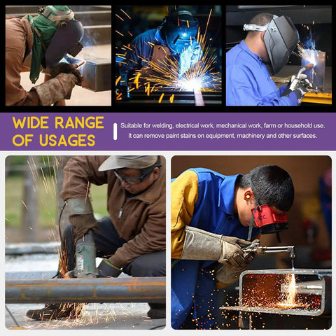 Collage showing various uses of 7 Piece 10 Inch Welding Tool Set With Scratch Wire Brush Slag Remover Hammer And Pliers Metal Sheet Thickness Gauge Round Dual Sided Wire Gauge Steel Coil Spring Handle Pro Grade Heavy Duty DIY Friendly Metalwork in welding and metalwork.