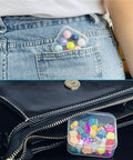 Clear Bead And Small Parts Storage Organizer Case With 30 Mini Compartments, Hinged Lid, shown in pocket and bag for portability