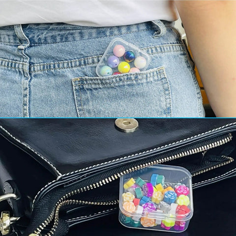 Clear Bead And Small Parts Storage Organizer Case With 30 Mini Compartments, Hinged Lid, shown in pocket and bag for portability