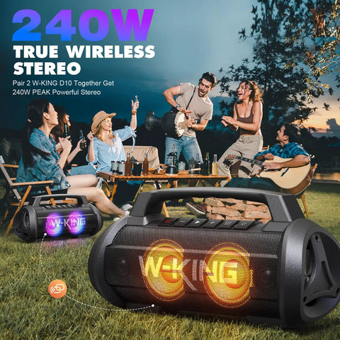 Outdoor party scene with Party-Ready 120W Bluetooth Speaker with IPX6 waterproof build, LED lights and dual subwoofers on grass.