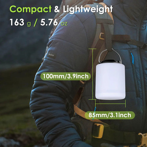 Powerful 1000LM LED Camping Lantern With Rechargeable Battery shown on backpack for size reference
