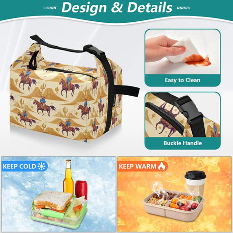 Insulated Lunch Bag For Work And Travel, Leakproof Reusable Lunch Tote With High Capacity, Cowboy Desert Theme Lunch Box closeup