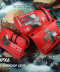 Red waterproof first aid kit bags with IPX6; three sizes shown: 152, 120, 250 pcs for boating and outdoor use