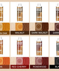 Various water based wood stains including walnut, eight point five ounce bottles ready to apply for indoor use.