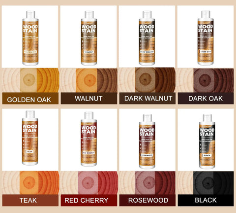 Various water based wood stains including walnut, eight point five ounce bottles ready to apply for indoor use.