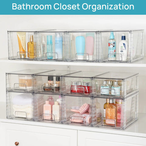 Four Pack Large Clear Stackable Storage Drawers With Smooth Pull Out Slides And Grippy Silicone Pads For Super Neat Closets That Keep Your Belongings Squared Away Daily in a bathroom closet.