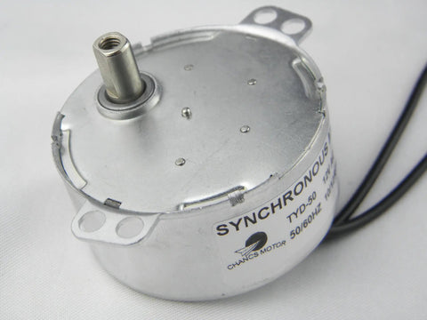 Close-up of 12V AC Synchronous Motor TYD-50 with 10-12 RPM, 11mm flush shaft, CW fixed rotation, compact design, side view.