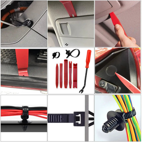 910 Piece Car Push Retainer Clips Plastic Fasteners Kit With 6 Nylon Trim Removal Tools shown with automotive applications.