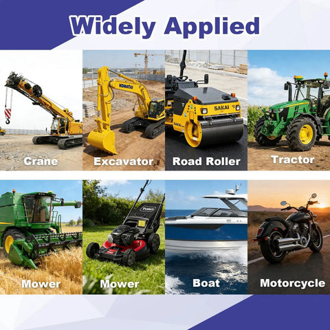 Collage of machinery: crane, excavator, road roller, tractor, mower, boat, motorcycle for varied applications.