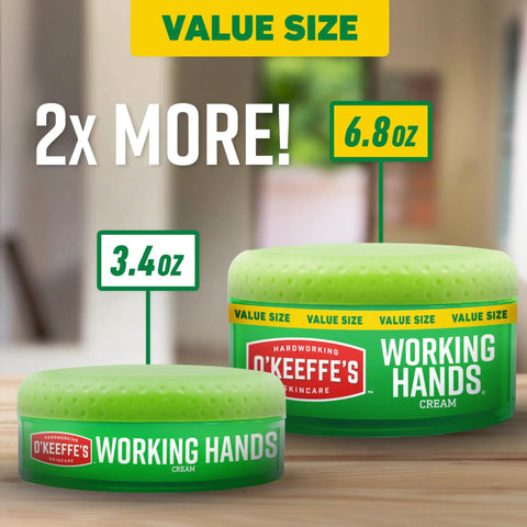Two jars of Working Hands Hand Cream, 6.8 oz and 3.4 oz sizes, on a table, highlighting the value size.