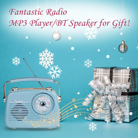 Grab N Go Portable AM FM Shortwave Radio Bluetooth Speaker with gift box on blue background with snowflakes.