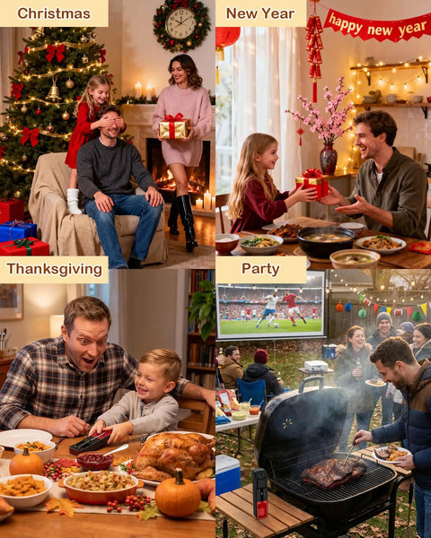 Collage of holiday celebrations using Wireless Meat Thermometer With Real Time Temp Updates, featuring Christmas, New Year, Thanksgiving, and BBQ.