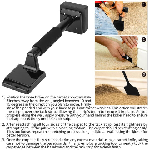 Carpet Knee Kicker 16.5 Inch For Low Pile And Flat Carpets, light duty tool with forward angled teeth shown in use for carpet installation