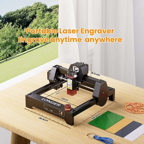Longer portable laser engraver on black metal frame with red laser module on wood table.