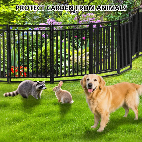 Rustproof Metal Garden Fence Kit 36ft Long 40in High With 14 Panels And 2 Gates No Dig Pet Barrier shown in a garden setting.