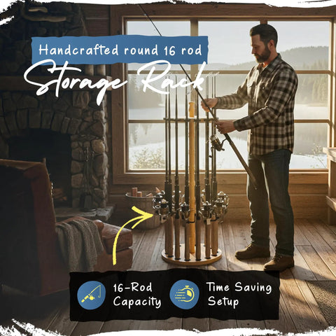 Man using Round 16 Rod Storage Rack With Handcrafted Wood Post No Tool Assembly Wood Grain Laminate Easy Access Fishing Rod Organizer