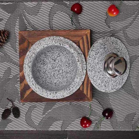Top view of Heavy Duty Korean Granite Stone Bowl With Lid And Wood Base For Rice Cooker Meals, 14cm Diameter Ready To Serve