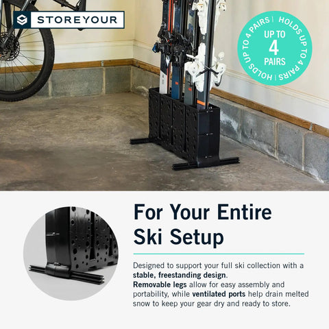 Telluride Freestanding Workhorse Ski Storage Rack in garage with skis, black heavy-duty organizer for four pairs of skis
