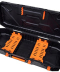 Beefy Foam Free Bow Case With Foamless Chassis and Rugged Rubber Membrane open showing interior orange inserts, fits 43 inch bows