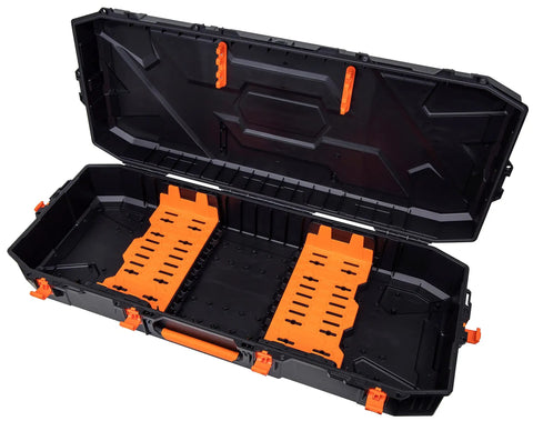 Beefy Foam Free Bow Case With Foamless Chassis and Rugged Rubber Membrane open showing interior orange inserts, fits 43 inch bows