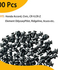 Kickstart Your Ride Fix With Heavy Duty One Hundred Piece Bumper Clip Set For Honda And Acura Vehicles Including Civic Accord Crv Bodies Featuring Rock Solid Nylon Retainer Pins Plus Quick Install Tool Included Top Shelf Auto Hardware Upgrade, 100 black nylon clips for body panel repair.