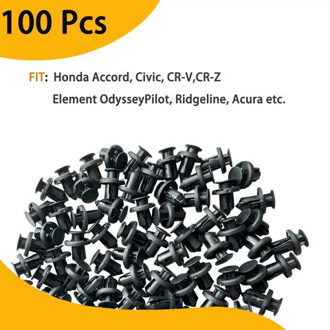 Kickstart Your Ride Fix With Heavy Duty One Hundred Piece Bumper Clip Set For Honda And Acura Vehicles Including Civic Accord Crv Bodies Featuring Rock Solid Nylon Retainer Pins Plus Quick Install Tool Included Top Shelf Auto Hardware Upgrade, 100 black nylon clips for body panel repair.
