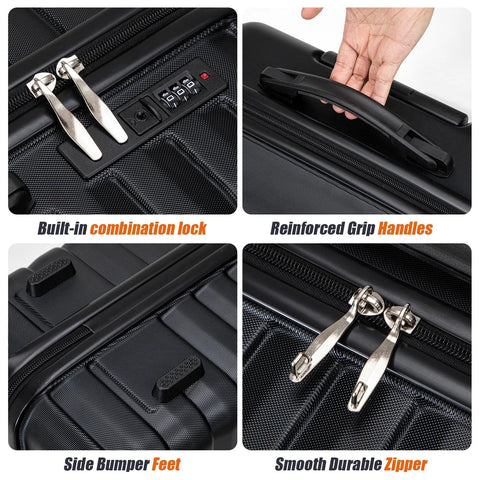 Cosbarn luggage set, black ABS hard-shell; close-up of built-in combination lock on zippers.
Cosbarn luggage set, black ABS hard-shell; installed reinforced grip handles for easy lifting.
Cosbarn luggage set, black ABS hard-shell; side bumper feet protect the base during loading.
Cosbarn luggage set, black ABS hard-shell; smooth durable zipper on double-zipper tracks.