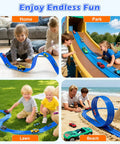 Children playing with 15 Foot Flexible Double Lane Race Track For 1 64th Diecast Cars, Rolls Up Portable Racetrack With 10 Suction Cups, Blue Color, Compatible With Hot Wheels And Other Mini Cars, Easy Setup And Quick Storage For Fun Family Play indoors and outdoors.