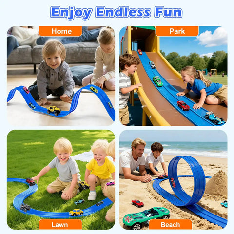 Children playing with 15 Foot Flexible Double Lane Race Track For 1 64th Diecast Cars, Rolls Up Portable Racetrack With 10 Suction Cups, Blue Color, Compatible With Hot Wheels And Other Mini Cars, Easy Setup And Quick Storage For Fun Family Play indoors and outdoors.