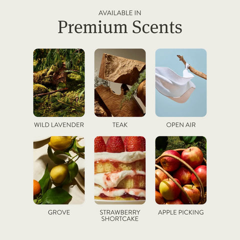 Image showcasing six scents including Wild Lavender, Teak, Open Air, Grove, Strawberry Shortcake, and Apple Picking.