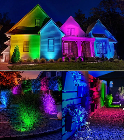 12W RGBW Lit Outdoor Landscape Lights With Remote Control Waterproof 120V Color Changing Spotlights For Yard Garden And Patio 4 Pack glowing on house facade and garden