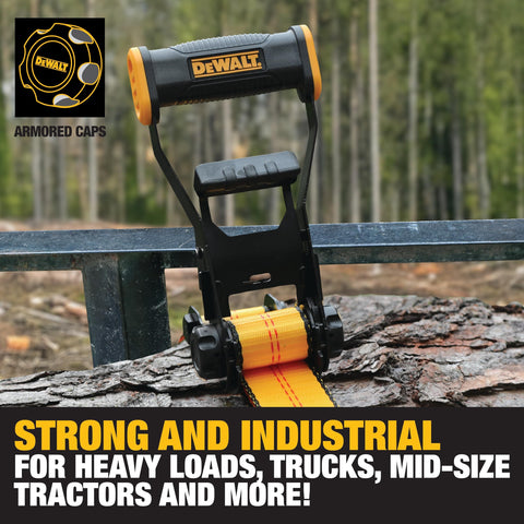 Beefy 2 Inch By 27 Foot Ratchet Tie Down Strap With Double J Hook on log showing armored ratchet cap and open handle design.