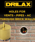 Drilax 2-inch diamond masonry hole saw in gold, 3/8" shank, shown beside brick wall with a drilled round hole
