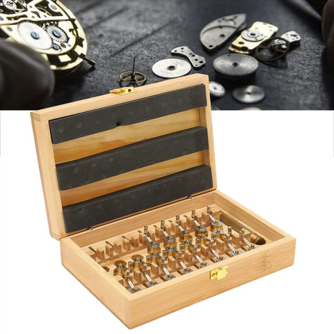 Copper Watch Winder Repair Set With High Handle Winding Tools in open wooden storage box on display