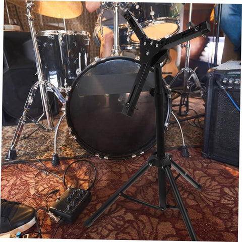 Slick Black Tripod Drum Stand With Heavy Duty Snare Rack And Practice Pad Holder Featuring Adjustable Heights in a jam session.