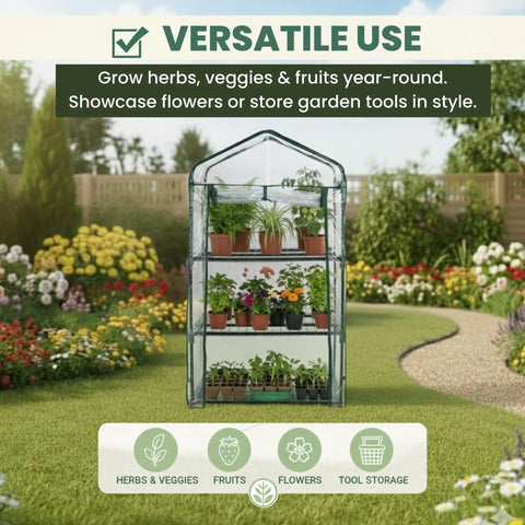 Three Tier Mini Greenhouse Portable Indoor Outdoor Grow Space With Rust Resistant Frame And PVC Cover, 27.5x19x50 Inches, Easy Setup, Ideal Starter Kit For Seedlings And Plant Flats