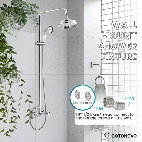 Dope Exposed Shower Faucet Set With 8 Inch Wall Mount Rainfall Head, Handheld Spray, Polished Chrome Bath System in modern shower