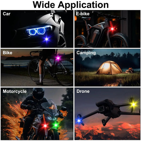 Wide application of 4 Pack Wireless LED Strobe Lights With Remote Control, 8 Colors USB Charging shown on car, bike, drone, tent.