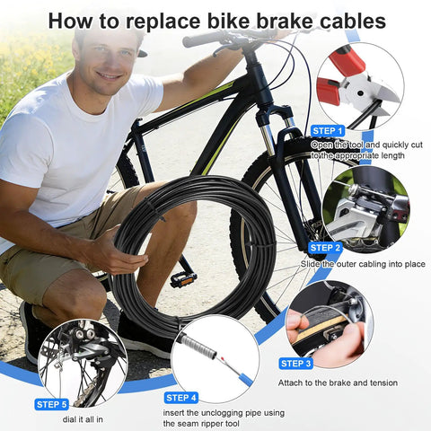 Man demonstrating Brake Cable Housing 5mm By 50ft For Bicycle And Bike, Lined All Weather Outer Hose, with steps to replace bike cables.