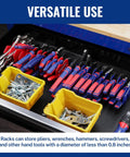 Two Pack Pliers Organizer Rack With No Slip Rubber Base 20 Slot Tool Box Organizer For Drawers And Cabinets shown in a toolbox with tools.