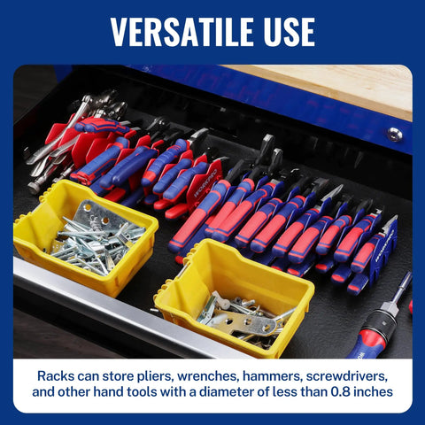 Two Pack Pliers Organizer Rack With No Slip Rubber Base 20 Slot Tool Box Organizer For Drawers And Cabinets shown in a toolbox with tools.