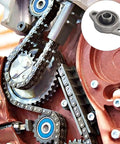 Close up of machinery with chain and Two Pack 10mm Pillow Block Flange Bearing KFL000 Self Aligning Mounted in circle inset.