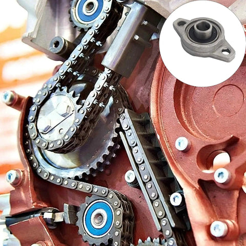 Close up of machinery with chain and Two Pack 10mm Pillow Block Flange Bearing KFL000 Self Aligning Mounted in circle inset.