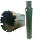 Front and side views of VTXMAx wet concrete diamond core drill bit, 2-1/2 inch diameter, green steel with hex shank