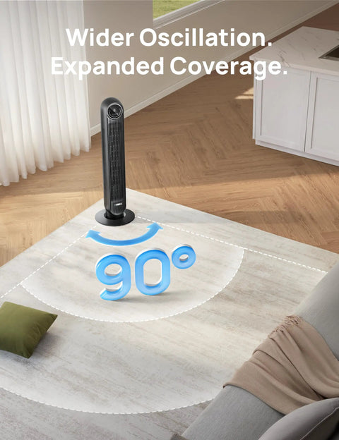 Bedroom Tower Fan With Remote And Wi Fi Voice Control Ultra Quiet Bladeless Standing Fan in living room with 90° oscillation