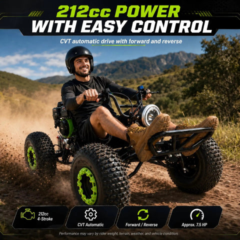 Super Slick 212cc Gas Powered Off-Road Go Kart For Teens And Adults That Hits 35 MPH With A Mighty 7.5 HP Engine on dirt trail.