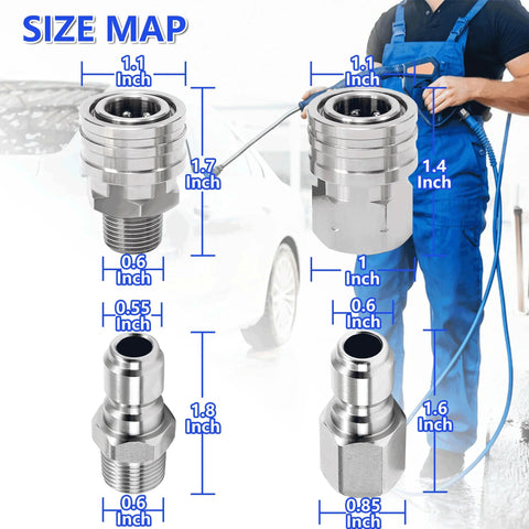 Front view of RIDGE WASHER stainless steel 3/8 in quick-connect pressure washer fittings, 8 pcs, male/female NPT.