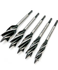 CORTOOL 5-piece wood auger drill bit set with quick-change hex shanks; black fluted bits on silver shafts.