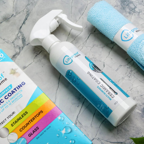 Ceramic Coating Spray Kit For Kitchen And Bathroom Surfaces That Repels Stains Smudges Water Spots And Soap Scum bottle and cloth
